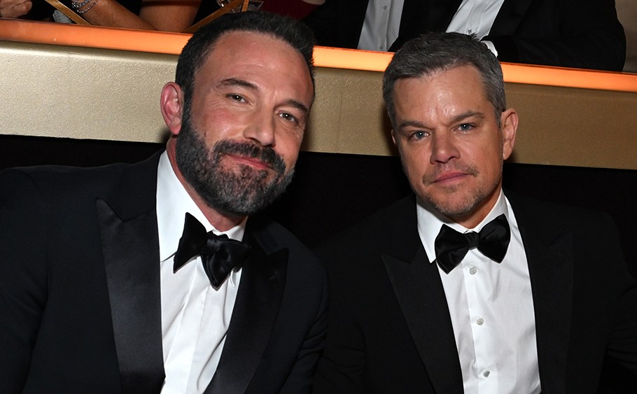 BEVERLY HILLS, CALIFORNIA - JANUARY 07: (L-R) Ben Affleck and Matt Damon enjoy Moët & Chandon at 81st Annual Golden Globes, celebrating 13 years of Toast for a Cause at the Beverly Hilton on January 7, 2023. (Photo by Michael Kovac/Getty Images for Moët & Chandon)