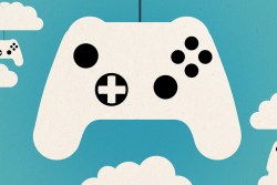 Video game controllers floating in the air with clouds