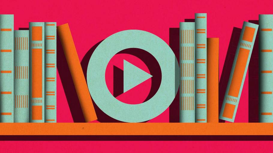 streaming play button surrounded by books
