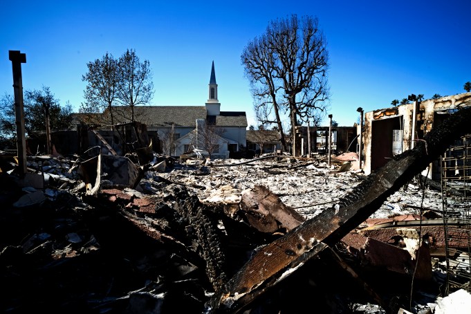 ALTADENA, CALIFORNIA - January 12:  The remains of Saint Mark's Episcopal Church after it was destroyed in the Eaton Fire on January 12, 2025 in ALTADENA, CALIFORNIA. Multiple wildfires fueled by intense Santa Ana Winds were burning across Los Angeles County. (Photo by Nick Ut/Getty Images)