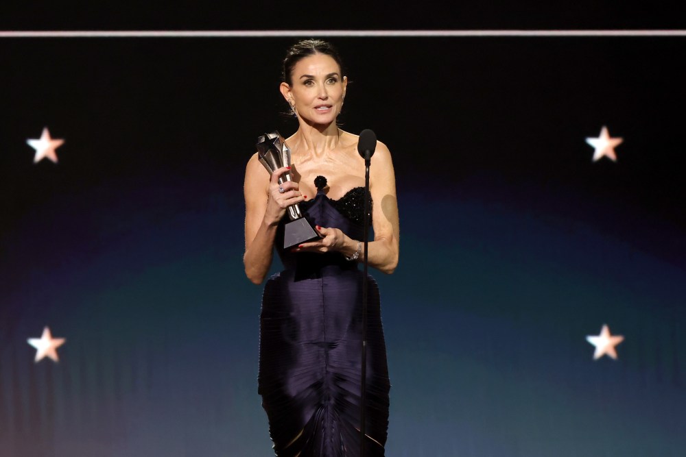 SANTA MONICA, CALIFORNIA - FEBRUARY 07: Demi Moore accepts the Best Actress award for "The Substance" onstage during the 30th Annual Critics Choice Awards at Barker Hangar on February 07, 2025 in Santa Monica, California.  (Photo by Kevin Winter/Getty Images for Critics Choice Association)