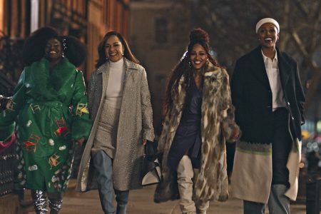 Angie (Shoniqua Shandai), Quinn (Grace Byers), Camille (Meagan Good) and Tye (Jerrie Johnson) in HARLEM S3 Photo Credit: Courtesy of Prime © Amazon Content Services LLC