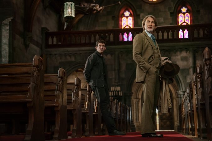 Wake Up Dead Man: A Knives Out Mystery. (L-R) Josh O’Connor as Jud Duplenticy and Daniel Craig as Benoit Blanc in Wake Up Dead Man: A Knives Out Mystery. Cr. John Wilson/Netflix © 2025
